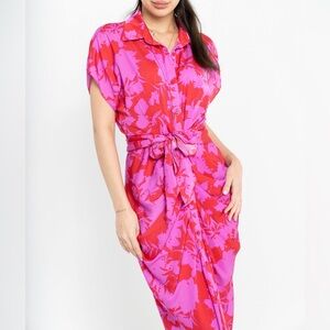 DO+BE Pink and Red Elegant Floral Midi Dress with front Tie Ruched detail
